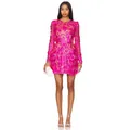 Elegant hot pink long sleeve mini dress with intricate 3D floral lace embroidery details - Rose Red