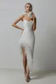 Full view of white strapless gown showing ostrich feather trim and high leg slit detail - L / Bottoms / White