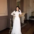 Elegant long-sleeved white lace evening gown with cinched waist for social parties - XS / White