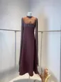 Detailed view of elegant burgundy maxi dress with long sheer sleeves and high neck design - XS / Top And Bottom / Coffee