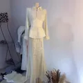 Elegant cream chiffon set featuring pleated blouse and long lace mermaid skirt - XS / Top And Bottom / Apricot