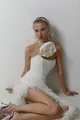 Detail of white strapless ostrich feather dress with large flower and asymmetric slit - XS / White