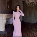 Elegant high-end custom pink maxi dress with sparkling rhinestone neckline and waist details - XS / Top And Bottom / Pink
