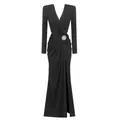 Elegant black long sleeve V-neck maxi evening dress with draped waist and crystal brooch - XS / Top And Bottom / Black