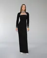 Elegante abito da sera nero a maniche lunghe con scollo in rete e strass e vestibilità slim - Nero