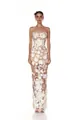 Detailed view of white 3D floral appliqués on a strapless sheer mesh long evening gown - S / Bottoms / White
