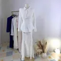 Elegant white two-piece lace and chiffon set featuring long sleeves and a peplum waist top - XS / Top And Bottom / White