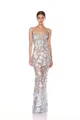 Detailed view of elegant strapless maxi dress with 3D floral appliqués and mesh fabric - M / Bottoms / Sky Blue
