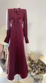 Elegant burgundy pleated maxi dress with bow tie neck and waist floral embroidery - XS / Slim Fit Model / Burgundy