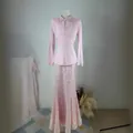 Elegant pink two-piece set featuring a pleated top and long mermaid lace skirt - XS / Top And Bottom / Pink