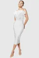 Detailed full view of white strapless ostrich feather top with bandage midi dress - S / Dresses / White