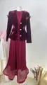 Elegant wine red vintage two-piece set with butterfly velvet jacket and pleated dress - XS / Top And Bottom / Burgundy