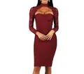 Elegant burgundy lace long sleeve bandage dress featuring a choker neck and chest cutout - S / Dresses / Burgundy