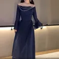 Elegant dark blue long sleeve maxi dress with silver chain neck detail - XS / Top And Bottom / Dark Blue