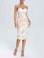 Elegant white strapless midi dress with delicate 3D floral lace embroidery details - White