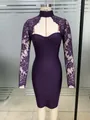 Elegant deep purple long sleeve lace bandage bodycon dress with choker neck design - XS / Dresses / Purple