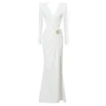Elegant white long sleeve V-neck maxi dress featuring brooch detail and a high leg slit - XS / Top And Bottom / White