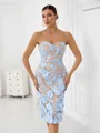 Detail of elegant light blue 3D floral lace strapless midi dress with slim fit design - Sky Blue
