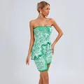 Elegant green and white jacquard strapless set featuring an irregular hem mini skirt for party. - S / Top And Bottom / Green Jacquard