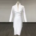 Elegant white long sleeve bandage dress featuring a deep V-neck and stylish pleated waist design - XS / Dresses / White