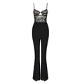 Slim fit black lace bandage jumpsuit with flared trousers and fishbone corset - S / Top And Bottom / Black