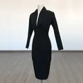 Elegant black long sleeve bandage midi dress featuring a sexy deep V-neckline for parties - XS / Dresses / Black
