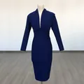 Elegant navy blue long sleeve bandage dress with deep V-neck for formal evening party - XS / Dresses / Dark Blue