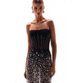 Elegant two-piece evening gown with sequined mesh skirt and strapless black corset top - S / Top And Bottom / Black