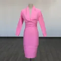 Elegant Barbie pink deep V-neck long-sleeve bandage dress for formal banquets and evening parties - XS / Dresses / Pink