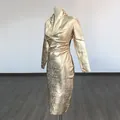 Elegant gold long-sleeved V-neck bandage midi dress for evening parties and banquets. - XS / Dresses / Gold Stamping