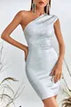 Elegant silver bronzing one-shoulder bandage mini bodycon dress for women parties - S / Top And Bottom / Silver