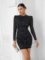 Detailed view of a black mesh long-sleeved mini dress with sparkling silver rhinestones. - S / Tops / Black