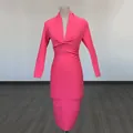 Elegant hot pink long sleeve bandage dress with a sexy deep V-neck for parties - S / Dresses / Fluorescent Pink