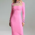 Elegant pink long-sleeved bodycon dress with rhinestone mesh neckline and cuffs detail - S / Top And Bottom / Pink