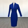 Elegant royal blue long-sleeved bandage dress featuring a sexy deep V-neck design - S / Dresses / Blue