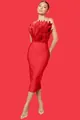 Elegant red strapless midi bandage dress with luxury ostrich feather trim for parties - S / Tops / Red