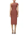 Detailed view of brick red one-shoulder bandage midi dress with horizontal ribbing - S / Brown