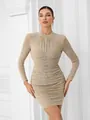 Close-up view of elegant rhinestone embellished mesh long sleeve bodycon mini dress - L / Tops / Apricot