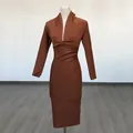 Brown long sleeve deep V-neck bodycon bandage dress for evening parties - M / Dresses / Dark Brown