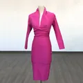 Elegant magenta long-sleeved bodycon bandage dress featuring a sexy deep V-neckline - S / Dresses / Rose Red