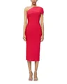 Detailed view of red one-shoulder bandage midi dress with horizontal ribbing texture - S / Red