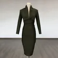Elegant dark olive green long sleeve bodycon bandage dress with deep V-neckline - XS / Dresses / Olive Green