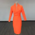 Elegant orange sexy deep V-neck long sleeve bodycon bandage dress on mannequin - XS / Dresses / Fluorescent Orange