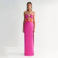 Elegant strapless hot pink bandage maxi dress with sun-shaped rhinestone metal accents - L / Top And Bottom / Rose Red