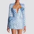 Elegant light blue polka dot mini dress with deep V-neck and large 3D fabric flowers. - Sky Blue