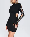 Side view of black long sleeve bodycon dress with rhinestone bow cutouts and waist detail - S / Slim Fit / Black