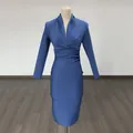 Elegant royal blue deep V-neck long-sleeve bandage dress for formal evening banquets - XS / Dresses / Haze Blue