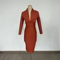 Elegant burnt orange long sleeve bandage dress with deep V-neck for formal evening party - XS / Dresses / Red Brown
