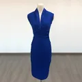 Elegant royal blue deep V-neck sleeveless bodycon bandage dress for formal evening wear - Dark Blue