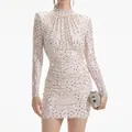 Elegant nude mesh long sleeve mini dress with sparkling rhinestone embellishments. - L / Tops / White